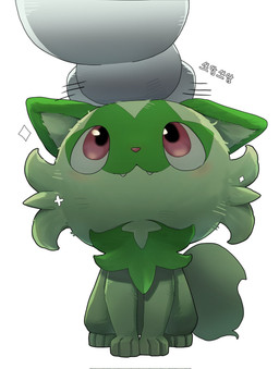 ambiguous_gender anthro blush duo feral fur green_body green_fur headpat onomatopoeia patting pink_nose simple_background smile solo_focus sound_effects tail teeth text mimideu64931 nintendo pokemon felid feline generation_9_pokemon mammal meowscarada pokemon_(species) sprigatito 2026 hi_res