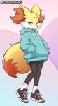 2023 anthro black_clothing black_footwear blue_clothing blue_hoodie blue_topwear braixen canid canine clothed clothing dipstick_tail footwear fur generation_6_pokemon hand_in_pocket hands_in_both_pockets hi_res hoodie mammal markings multicolored_body multicolored_fur nintendo pockets pokemon pokemon_(species) shoes sneakers socks solo tail tail_markings topwear two_tone_tail white_body white_clothing white_footwear white_fur white_socks yellow_body yellow_fur yellow_tail yorusagi