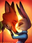 anthro black_nose clothed clothing duo eyes_closed female fur grey_body grey_fur hand_on_face happy male orange_body orange_fur smile neytirix disney zootopia judy_hopps nick_wilde canid canine fox lagomorph leporid mammal rabbit red_fox true_fox hi_res