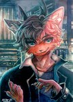 anthro blue_eyes claws clothed clothing eyebrow_through_hair eyebrows felid feline fingers fur hair hi_res horn inner_ear_fluff male mammal painting_(artwork) riko_sakari rikosakari smile solo traditional_media_(artwork) translucent translucent_hair tuft watercolor_(artwork) whiskers