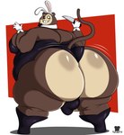 2024 absurd_res anthro artist_name big_butt big_moobs biped black_boots black_bow_tie black_clothing black_footwear black_leotard black_sclera black_shoes boots bow_tie brown_body brown_ears brown_fur brown_tail bulge butt clothing detailed_bulge digital_media_(artwork) fake_ears fake_rabbit_ears footwear fur gloves handwear haplorhine heterochromia hi_res holding_knife holding_melee_weapon holding_object holding_weapon huge_butt hyper hyper_butt knife leotard looking_at_viewer looking_back male mammal max_(max_design_pro) max_design_pro melee_weapon monkey moobs multicolored_body multicolored_fur obese obese_anthro obese_male overweight overweight_anthro overweight_male primate red_eyes shirt_cuffs shoes smile solo standing tail teeth thick_thighs toastyboi two_tone_body two_tone_fur weapon white_clothing white_eyes white_gloves white_handwear