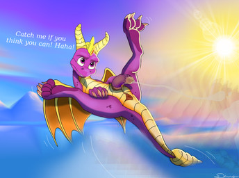 anus claws erection feral flying genitals horn male penis presenting purple_body purple_eyes sky solo spread_legs spreading sun tail text wings holidaypup activision mythology spyro_the_dragon spyro dragon mythological_creature mythological_scalie scalie 2020 english_text signature