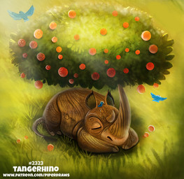 ambiguous_gender blue_body blue_feathers dot_eyes eyes_closed feathered_wings feathers feral food fruit grass horn humor outside plant pun simple_eyes sleeping solo tangerine_(fruit) text tree visual_pun wings wood piper_thibodeau avian bird elemental_creature flora_fauna mammal rhinoceros treant digital_media_(artwork) digital_painting_(artwork) painting_(artwork) url