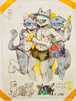 anthro black_clothing black_swimming_trunks black_swimwear blue_clothing blue_eyes blue_swimming_trunks blue_swimwear blush bulge clothing countershade_torso countershading green_eyes grey_body group hug_from_side jewelry kemono looking_at_viewer male necklace open_mouth speedo swimming_trunks swimwear toy toy_gun trio water_gun white_body white_clothing white_speedo white_swimwear chenpih2o domestic_cat felid feline felis mammal 2025 absurd_res hi_res painting_(artwork) traditional_media_(artwork) traditional_painting_(artwork) traditional_watercolor_(artwork) watercolor_(artwork)