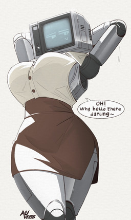 big_breasts biped bottomwear breasts brown_clothing closed_smile clothed clothing collared_shirt dialogue dress_shirt exclamation_point eyebrows eyelashes female for_a_head grey_body hands_behind_head machine motion_lines mouth_closed pose screen screen_face shirt simple_background skirt smile solo speech_bubble standing talking_to_viewer text thick_thighs topwear white_clothing wide_hips auveiss melissa_graceford_(auveiss) humanoid object_head robot screen_head 2026 english_text hi_res