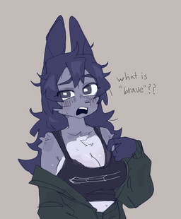 anthro blue_body blue_ears blue_eyebrows blue_fur blue_hair bodily_fluids breasts cleavage clothed clothed_anthro clothed_female clothing countershade_fur countershade_torso countershading crop_top eye_through_hair eyebrows female female_anthro fingers front_view fur green_clothing green_jacket green_topwear hair jacket midriff multicolored_body multicolored_fur open_mouth shirt simple_background solo sweat text topwear translucent translucent_hair white_sclera puppy_in_space mini_(puppy_in_space) canid canine canis domestic_dog mammal 2024 digital_drawing_(artwork) digital_media_(artwork) english_text half-length_portrait portrait