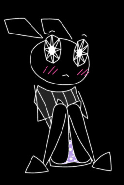 anthro black_background blush blush_lines breasts covering covering_breasts female pivoted_ears polka_dot_panties simple_background solo stick_arms thin_legs unusual_eyes white_line_art kerriska vib-ribbon vibri lagomorph leporid leproid mammal rabbit 2023 colored_line_art digital_media_(artwork)
