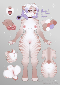 4_toes 5_fingers anthro areola biped breasts butt claws countershade_torso countershading feet female finger_claws fingers front_view fur genitals hair navel nipples nude nude_anthro nude_female open_mouth pawpads paws smile solo standing striped_body striped_fur stripes tail teeth toe_claws toes tongue vulva kyotoleopard ange_(kyotoleopard) felid feline mammal 2026 absurd_res digital_drawing_(artwork) digital_media_(artwork) hi_res model_sheet