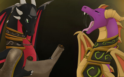 black_body bodily_fluids claws duo female feral green_eyes horn jewelry male membrane_(anatomy) membranous_wings necklace open_mouth purple_body saliva scales scroll teeth tired tongue ventral_scales wings yawn apollyondragon activision mythology spyro_the_dragon cynder spyro dragon mythological_creature mythological_scalie scalie 16:10 2023 digital_media_(artwork) signature widescreen