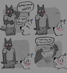 4_panel_comic anthro becoming_erect blush bodily_fluids bulge clothing cum cum_in_clothing cum_in_pants cum_in_underwear cum_soaked_underwear cum_through_clothing cum_through_pants cum_through_underwear dialogue duo ejaculation embarrassed erection genital_fluids hands-free male male/male orgasm orgasm_from_compliment praise praise_kink speech_bubble spontaneous_ejaculation sweat text underwear wet wet_clothing wet_underwear fanofthefurr gato_matero_(character) bear domestic_cat felid feline felis mammal polar_bear ursine comic english_text hi_res