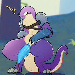 animal_genitalia anthro armor big_penis blep blush bodily_fluids dripping genital_fluids genital_slit genitals male penis precum precum_drip solo tongue tongue_out fishtacosad risk_of_rain lemurian 1:1