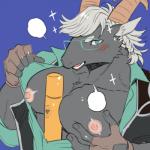 5_fingers anthro big_pecs black_body black_fur blush clothed clothing fingers fur green_eyes grey_hair hair humanoid_hands male nipples pecs solo kijima222 lifewonders tokyo_afterschool_summoners tanngrisnir_(tas) bovid caprine goat mammal 1:1