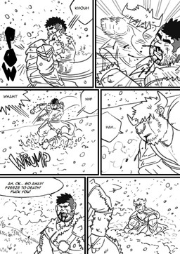 armor blood bodily_fluids dialogue fight male male/male profanity snow storm text husky92 european_mythology greek_mythology mythology bovid bovine humanoid mammal minotaur orc black_and_white comic english_text hi_res monochrome multiple_scenes