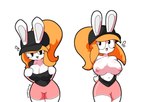 anthro big_breasts big_ears black_eyes bottomwear breasts clothing female hair hat headgear headwear nipples orange_hair pink_nipples shirt shorts simple_background solo topwear white_background white_body prophetpack tina_(tonytoran) lagomorph leporid mammal rabbit