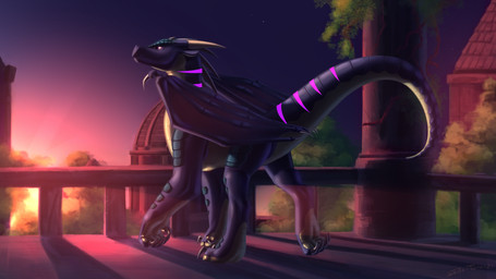 detailed_background female feral looking_back palace purple_body purple_scales raised_leg scales solo sunset tail conditional_dnp shido-tara mythology dragon mythological_creature mythological_scalie scalie 2021 hi_res signature widescreen