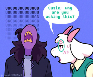 2_horns anthro biped blue_background blush blush_lines bodily_fluids brown_hair clothed clothed_anthro clothed_female clothed_male clothing cute_fangs dialogue duo embarrassed eyewear fangs female female_anthro floppy_ears front_view fur glasses hair head_back horn long_hair male male_anthro narrowed_eyes open_mouth pink_eyes pink_horn purple_body purple_scales question_mark scales side_view simple_background snout speech_bubble sweat sweatdrop talking_to_another teeth text wearing_glasses white_body white_fur yellow_teeth unamusedyams deltarune undertale_(series) ralsei susie_(deltarune) bovid caprine darkner goat mammal scalie 2026 artist_name digital_drawing_(artwork) digital_media_(artwork) english_description hi_res trans_(lore) trans_woman_(lore)
