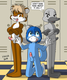 anthro balls erection genitals group humanoid_genitalia humanoid_penis inside locker locker_room male male/male narrow_hips nude on_ground penis text thin_calves thin_legs thin_thighs toony young young_anthro young_male young_on_young krezz_karavan beaver mammal monotreme platypus rodent