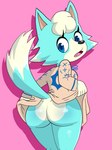 anthro blue_body blue_eyes blue_fur butt clothed clothing clothing_lift dress dress_lift female fur hair no_underwear pink_background rear_view simple_background solo white_hair nojimmyplz animal_crossing nintendo skye_(animal_crossing) canid canine canis mammal wolf hi_res portrait three-quarter_portrait