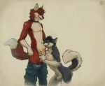animal_genitalia anthro aroused balls blue_eyes canine canine_penis clothing collar dog duo erection eye_contact foreplay fox fur gay grey_fur gryx husky interspecies jeans licking male mammal orange_fur pants pants_down penis penis_tip plain_background red_rocket sheath standing teasing tongue white_background
Rating: Explicit
Score: 44
User: Cockeyed
Date: November 26, 2012