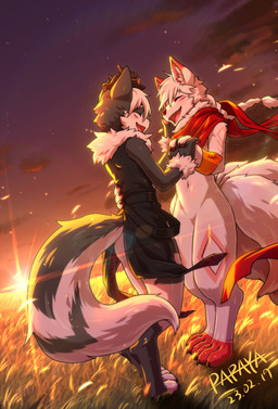 anthro black_clothing black_topwear cheek_tuft clothed clothing dark_body dark_fur dipstick_ears duo ear_markings eyes_closed facial_markings facial_tuft fangs featureless_crotch fur grey_body grey_fur hair hand_holding hand_on_back happy head_markings male markings multicolored_ears open_mouth open_smile outside red_scarf scarf smile sunset teeth topwear tuft white_body white_fur white_hair papayafurry canid mammal hi_res signature