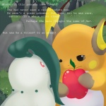 1:1 2010 apple chikorita colored comic conditional_dnp day detailed_background duo english_text female food fruit generation_1_pokemon generation_2_pokemon grass insomniacovrlrd male mammal nintendo nude outside plant pokemon pokemon_(species) raichu red_eyes rodent text tree wood