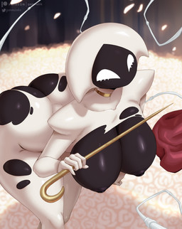 areola bent_over big_breasts big_butt blurred_background breasts butt clothing female holding_object nipples solo text torn_clothing gammainks hollow_knight:_silksong hollow_knight_(franchise) team_cherry lace_(hollow_knight:_silksong) animal_humanoid arthropod arthropod_humanoid humanoid 2025 absurd_res artist_name digital_media_(artwork) hi_res
