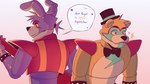 anthro bracelet clothing dialogue duo guitar hat headgear headwear holding_guitar holding_musical_instrument holding_object jewelry machine male musical_instrument plucked_string_instrument rabbit_ears rear_view simple_background speech_bubble spiked_bracelet spikes standing string_instrument surprised_expression wenktot five_nights_at_freddy's five_nights_at_freddy's:_security_breach scottgames steel_wool_studios glamrock_bonnie_(fnaf) glamrock_freddy animatronic bear lagomorph leporid mammal rabbit robot 16:9 hi_res widescreen