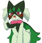 anthro blush breasts female fur green_arms green_body green_breasts green_fingers green_fur iris open_mouth open_smile pupils simple_background small_breasts smile solo tongue white_background sum nintendo pokemon generation_9_pokemon meowscarada pokemon_(species) hi_res