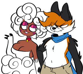 anthro arm_tuft black_body black_ears black_fur black_nose blue_scarf bottomwear breasts brown_body brown_face brown_skin cleavage clothed clothing collar cross cross_ear_piercing cross_ear_ring cross_piercing duo ear_piercing elbow_tuft eye_through_hair eyelashes facial_tuft female front_view fur glistening_eyelids hair hand_on_hip lidded_eyes lipstick looking_at_another makeup male mouth_closed multicolored_body multicolored_fur narrowed_eyes orange_body orange_fur orange_hair piercing raised_hand scarf shirtless_anthro shirtless_male simple_background smile snaggle_tooth translucent translucent_hair tuft white_background white_body white_fur white_hair qwerty_soda alex_(theluvlesstoast) bovid canid canine caprine fox mammal sheep 2021 absurd_res digital_drawing_(artwork) digital_media_(artwork) hi_res portrait three-quarter_portrait