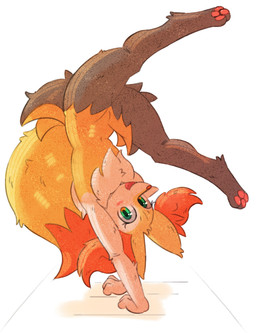 acrobatics ambiguous_gender anthro big_tail blush eyelashes featureless_crotch fur green_eyes grey_body grey_fur handstand inner_ear_fluff looking_at_viewer multicolored_body navel open_mouth orange_body orange_fur pawpads paws simple_background solo tail tongue tuft white_body white_fur yellow_body yellow_fur se1t nintendo pokemon braixen generation_6_pokemon pokemon_(species) 2025 absurd_res hi_res