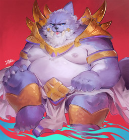anthro armband armor beard belly blue_body blue_eyes blue_fur bottomwear cheek_tuft clothing countershading drapery_(clothing) facial_hair facial_tuft fur furrowed_eyebrows gold_(metal) gold_armor hand_on_knee hand_on_leg head_tuft light loincloth looking_at_viewer male moobs multicolored_body nipples overweight overweight_male pauldron red_background simple_background sitting solo tongue tongue_out tuft tusks waist_accessory white_body white_clothing zhaowaaa crave_saga jiubei_(crave_saga) aquatic mammal pinniped walrus 2026 colored digital_media_(artwork) digital_painting_(artwork) hi_res lighting painting_(artwork) shaded