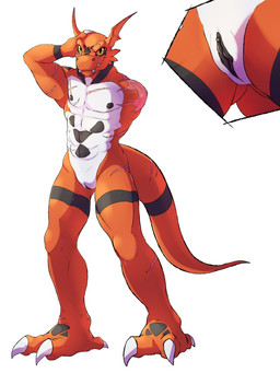 amber_eyes amputee andromorph anthro anthrofied black_markings black_nipples black_vulva butt butt_from_the_front claws clitoris close-up digimorph digital_hazard disability eye_scar facial_scar genitals intersex inverted_zero_unit looking_at_viewer markings muscular muscular_andromorph muscular_intersex nipples nude scar smile solo standing symbol vulva zero_unit blitzdrachin conditional_dnp bandai_namco digimon chou_the_cleaver fan_character digimon_(species) guilmon scalie 2014 3:4 hi_res