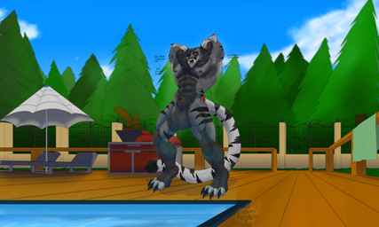 anthro armpit_hair arms_above_head balls big_balls body_hair claws fence floor fluffy fluffy_tail forest genitals looking_at_viewer looking_down looking_down_at_viewer male muscular muscular_anthro muscular_male musk musky_armpit musky_balls neck_tuft nipples nude open_mouth piercing plant pool_deck poolside sharp_teeth smile solo tail teeth text tongue tongue_piercing towel tree tuft wood wood_floor teymosoo perseus_(teymosoo) felid hybrid hyena mammal pantherine prehistoric_species saber-toothed_tiger tiger vampire werecreature werehyena absurd_res english_text hi_res