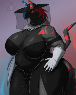antennae_(anatomy) anthro arthropod_abdomen belly big_breasts black_clothing black_dress breasts clothing dress female gloves handwear hat headgear headwear overweight psychedelic slightly_chubby veiled_hat taketzu_(artist) nintendo pokemon izanami_(covenant) arthropod generation_5_pokemon pokemon_(species) scolipede 4:5 absurd_res hi_res
