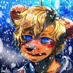 anthro blonde_hair blue_eyes bodily_fluids brown_body brown_fur brown_nose facial_markings fur hair head_markings male markings outside snot snow snowing solo fiuefey seth_häser herpestid mammal mongoose 1:1 hi_res