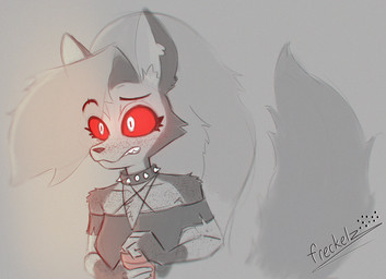 anthro biped clenched_teeth clothed clothed_anthro clothed_female clothing collar eyebrows eyelashes facial_tuft female fingers freckled_arms freckled_chest freckled_face freckled_shoulders freckles front_view fur glowing glowing_eyes grey_body grey_clothing grey_fur grey_hair grey_topwear hair holding_object humanoid_hands inner_ear_fluff long_eyelashes long_hair nervous raised_eyebrow red_sclera solo speckle_freckles spiked_collar spikes surprised tail teeth text topwear tuft white_eyes freckelz hellaverse helluva_boss mythology loona_(helluva_boss) canid canid_demon canine demon hellhound mammal mythological_canine mythological_creature 2024 artist_name half-length_portrait portrait spot_color