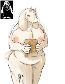 anthro big_breasts book breasts eyelashes female fluffy fluffy_ears fluffy_tail fur holding_book holding_object horn neck_tuft nipple_outline nipples overweight overweight_anthro overweight_female pubes simple_background smile smiling_at_viewer solo standing tail tail_tuft thick_thighs tuft white_background white_body white_fur dih_deer undertale_(series) toriel bovid caprine goat humanoid mammal absurd_res detailed hi_res reference_image shaded signature