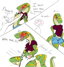 ambiguous_gender anthro blush clothed clothing dialogue duo female flashing flat_chested hug partially_clothed red_sclera simple_background surprised tail text white_background jenghck greeva_(jenghck) ych_(character) boa_(snake) boinae emerald_tree_boa human mammal reptile scalie snake comic english_text hi_res