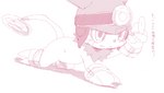 anthro blush bodily_fluids clothing crawling genitals hat headgear headwear magnifying_glass male neck_tuft penis semi-anthro solo sweat text tuft bandai_namco digimon appmon appmon_(species) digimon_(species) gatchmon sketch translation_request