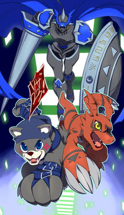 ambiguous_gender armor black_markings blue_eyes cape claws clothing feral grey_body group hat head_markings headgear headwear markings melee_weapon open_mouth red_body red_markings shield sword teeth toe_claws tongue trio weapon yellow_eyes riza23 bandai_namco digimon bear bearmon chaosgallantmon digimon_(species) guilmon humanoid mammal reptile scalie hi_res