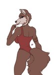 anthro breasts butt clothing dress female rear_view red_clothing red_dress single_strap single_strap_clothing single_strap_dress solo hermitpioneer beastars juno_(beastars) canid canine canis mammal wolf hi_res