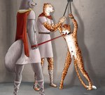 animal_genitalia anthro balls bound cape chain chained clothing collar flaccid footwear genitals group leash male nude penis sandals sheath shirt shoes slave topwear trio tunic dipingxiangtr.d canid canine canis felid leopard mammal pantherine wolf