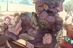 3_toes abs alcohol anthro ball balls barazoku beach beer beverage bodily_fluids claws cum duo erection feet genital_fluids genital_piercing genitals hair horn knot male male/male muscular muscular_anthro muscular_male nipples pecs penis penis_piercing piercing prince_albert_piercing tail teeth toes volleyball_(ball) cobu digital_drawing_(artwork) digital_media_(artwork) hi_res
