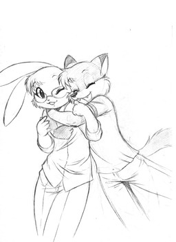 anthro black_and_white black_nose bottomwear buckteeth canid canine chochi clothed clothing duo embrace eyes_closed eyewear fox front_view glasses happy hug lagomorph leporid lovely_pets male mammal mike_blade monochrome one_eye_closed open_mouth pants predator/prey rabbit romantic romantic_couple shirt simple_background sketch smile standing tail teeth topwear traditional_media_(artwork) white_background