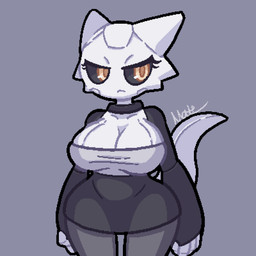 anthro big_breasts biped black_clothing black_sclera bottomwear breasts cleavage clothed clothing eyebrows eyelashes female front_view frown fully_clothed looking_aside machine monotone_body simple_background solo tail topwear white_body white_ears white_tail wide_hips yellow_eyes matz_(pixiv) mythology iker_(zaclyn) android dragon mythological_creature mythological_scalie robot scalie 1:1 2022 aliasing digital_drawing_(artwork) digital_media_(artwork) hi_res signature