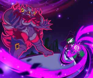 big_breasts big_hat boots breasts camel_toe chest_spike clothed clothing duo ear_piercing eyelashes featureless_feet feet female footwear front_view green_hair grey_body hair hat headgear headwear huge_breasts larger_female legwear leotard navel_outline piercing purple_boots purple_clothing purple_footwear purple_hat purple_headwear purple_leotard red_body red_clothing red_eyes red_legwear red_sclera red_thigh_highs red_topwear shoes short_hair size_difference smaller_female smile spikes spikes_(anatomy) thick_thighs thigh_highs topwear under_boob white_body white_eyes wide_hips witch_hat kss_nf nintendo pokemon gardevoir generation_3_pokemon generation_6_pokemon humanoid mega_evolution mega_gengar pokemon_(species) hi_res