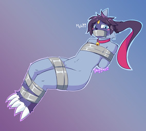 anthro arms_tied bdsm bell bell_collar blush blush_lines bodily_fluids bondage bound collar duct_tape gag hands_behind_back legs_tied legs_together looking_at_viewer male solo sweat tape tape_bondage tape_gag davyboi nintendo pokemon generation_8_pokemon pokemon_(species) sneasler hi_res