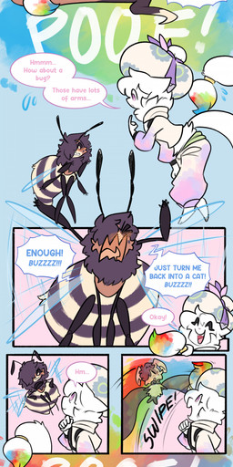 4_arms ambiguous_gender annoyed anthro bedroom_eyes big_hat blood blush blush_lines bodily_fluids chibi clothing coiling coiling_another cross-popping_vein crossed_arms dialogue duo exclamation_point flirting heart_pupils heart_symbol holding_tail hug magic multi_arm multi_limb narrowed_eyes nosebleed paint petting seductive shirt sitting sitting_on_another sound_effects speech_bubble surprised tail teasing text topwear transformation transformation_through_magic tunic yelling eclairscollection nintendo pokemon shai_(shaimin) arthropod bee felid feline generation_1_pokemon generation_2_pokemon hymenopteran insect lagomorph leporid mammal meowstic_(female) pokemon_(species) rabbit raichu reptile scalie smeargle snake absurd_res comic english_text hi_res long_image tall_image