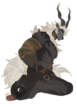 abs amber_eyes anthro antler_jewelry antlers arm_tuft armband armwear backsack ball_tuft balls barazoku biceps black_body black_fur black_penis bodily_fluids braided_hair butt clothing ear_piercing ear_ring erection facial_scar fur genital_fluids genitals hair hooves horizontal_pupils horn humanoid_genitalia humanoid_penis jewelry kneeling leg_strap legband looking_at_viewer male mostly_nude multicolored_penis muscular muscular_anthro muscular_male necklace nude pecs penis piercing pink_penis precum pupils ring_piercing scar simple_background tail triceps tuft two_tone_penis white_background white_hair white_tail kantocryz afk_arena afk_journey lilith_games nazrik_(afk_journey) antelope bovid caprine goat mammal 2026 hi_res