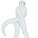 anthro blush butt crossed_arms curved_tail eyebrows eyewear female female_anthro fur glasses head_tuft looking_away mostly_nude mostly_nude_anthro mostly_nude_female nude rear_view round_ears simple_background slim slim_female smile solo standing tail teeth teeth_showing thick_tail tuft eddiew akima_(eddiew) mammal mustelid otter 1:1 digital_media_(artwork) greyscale line_art monochrome sketch